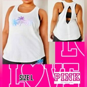 VS Pink Slit Back Tank Sz Large NWT White w/ Glitter Palm Trees 🌴